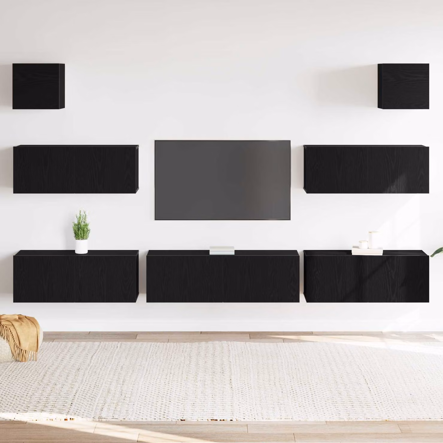 Set mobile TV moderno vidaXL in 7 pezzi, Rovere e Nero in legno ingegnerizzato