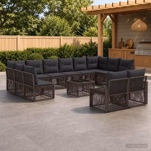 Set Divano da Giardino vidaXL a Forma a U in Polyrattan Grigio con 13 Pezzi e Tavolino, Completo di Cuscini Imbottiti e Coperture Rimovibili – 1