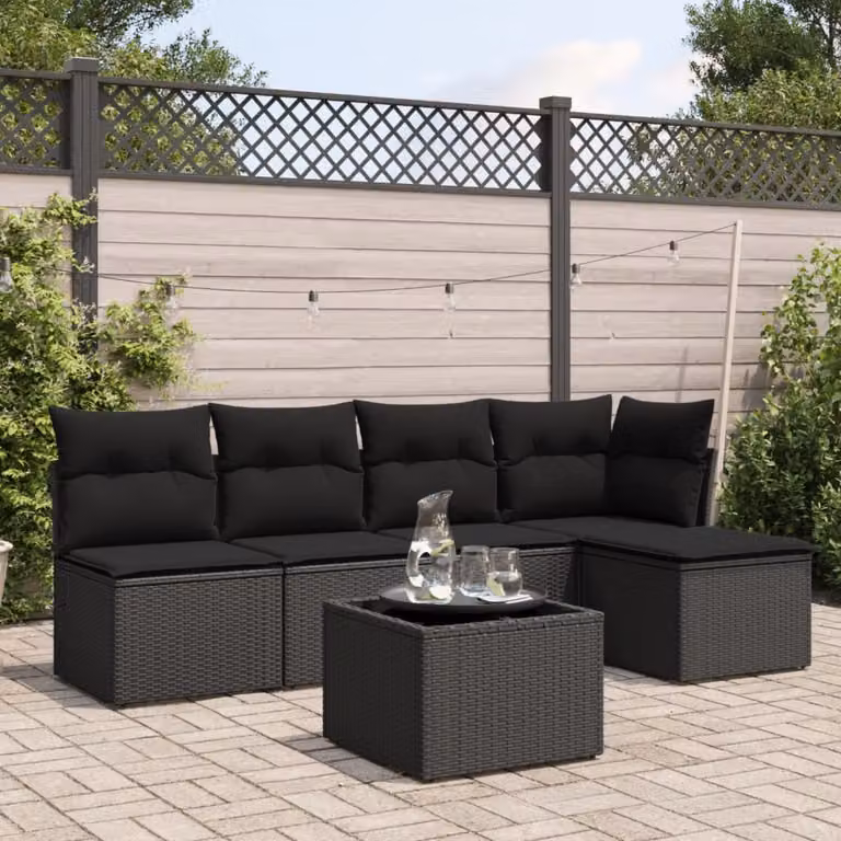 Set Divano da Giardino vidaXL 6 pz in Polyrattan Nero con Cuscini e Tavolino da Caffè