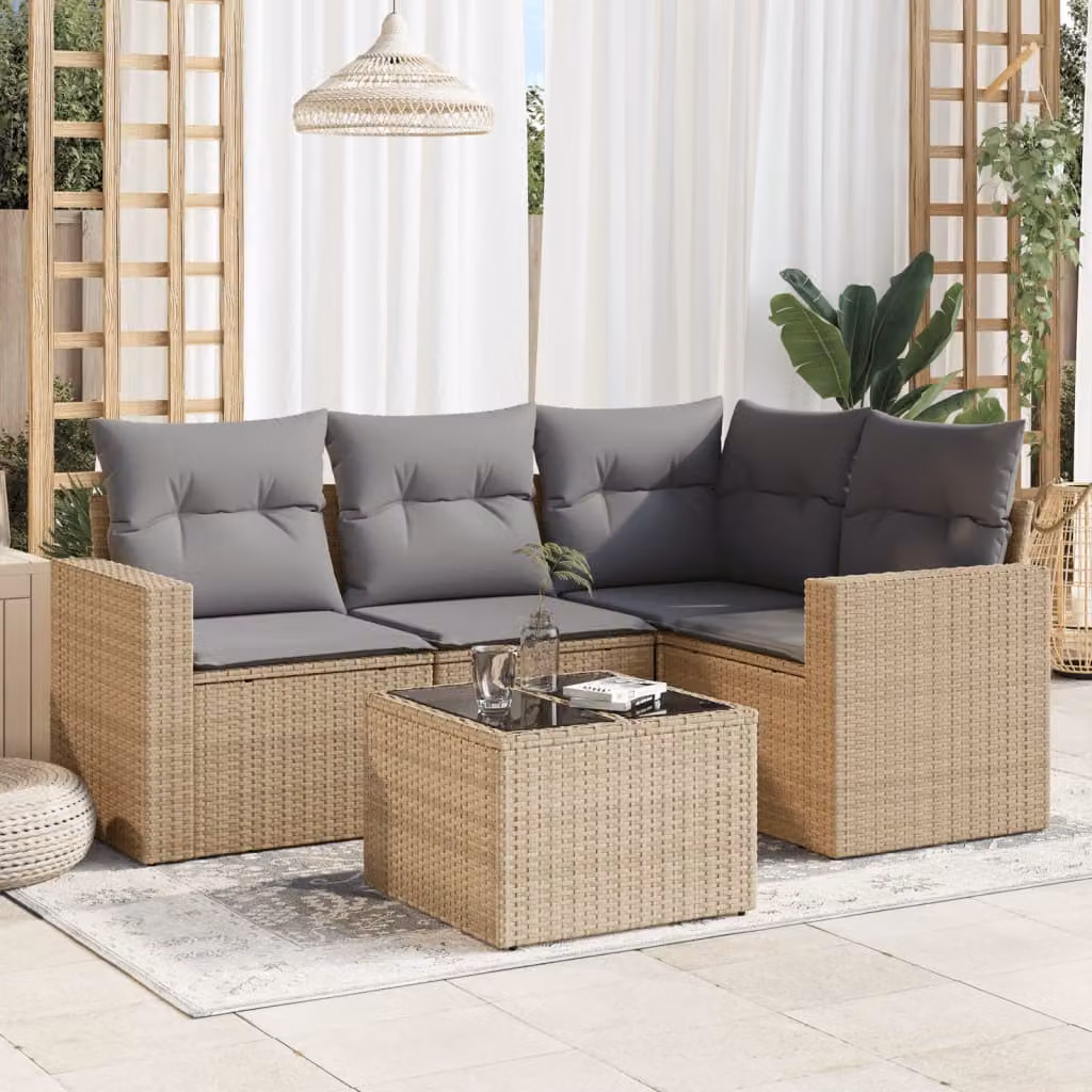 vidaXL Set Divano da Giardino 5 pz a Forma a L con Cuscini Beige in Polyrattan e Tavolino da Caffè – 1