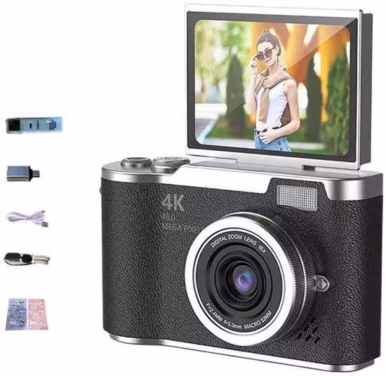 Fotocamera digitale con schermo orientabile - 64 GB di memoria - Ideale per la fotografia in esterni - Kit fotocamera retrò - Nero - Perfetta per i viaggi e il tempo libero - Alta risoluzione