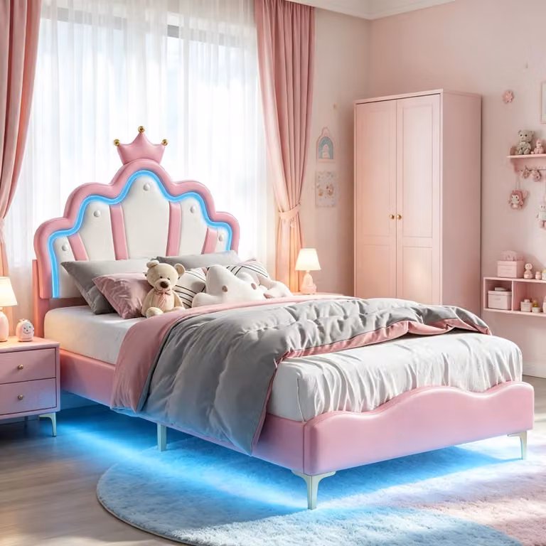 Letto per bambini INONEFT, 90x200 cm, con imbottitura in ecopelle, design da principessa con testiera a forma di , letto per adolescenti, letto singolo con rete a doghe, colore rosa