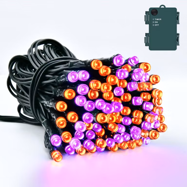 Catena luminosa a tema Halloween, 5 metri, 50 LED, arancione/viola, grado di protezione IP65