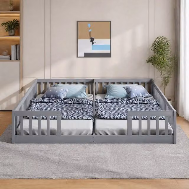 Letto a pavimento per 2 bambini 90 x 200 cm grigio con sponde di sicurezza