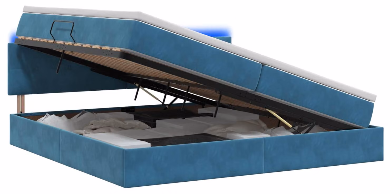 Letto imbottito con tecnologia LED e materasso, colore blu scuro, dimensioni 200 x 200 cm, rivestito in velluto