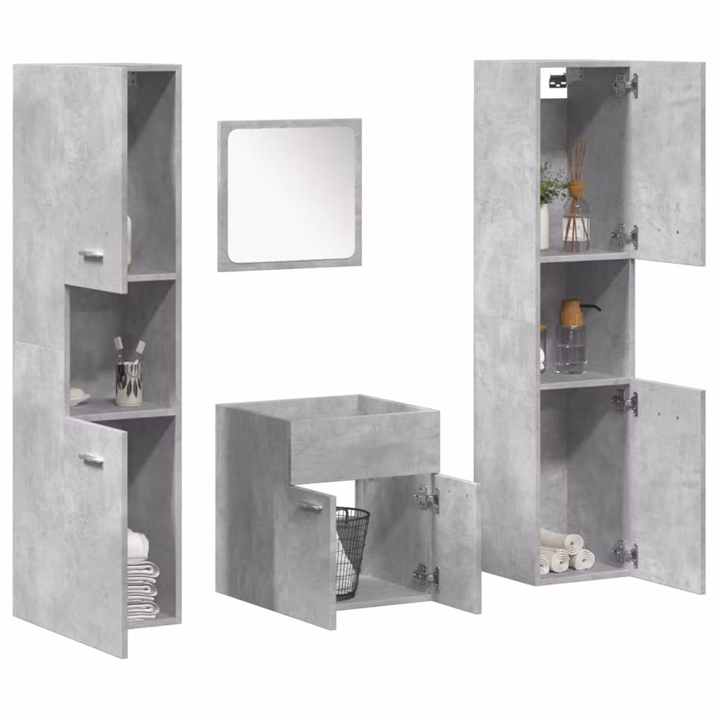 Set di mobili da bagno moderno vidaXL in legno multistrato e vetro, colore grigio, composto da mobile lavabo, pensili e armadietto con specchio