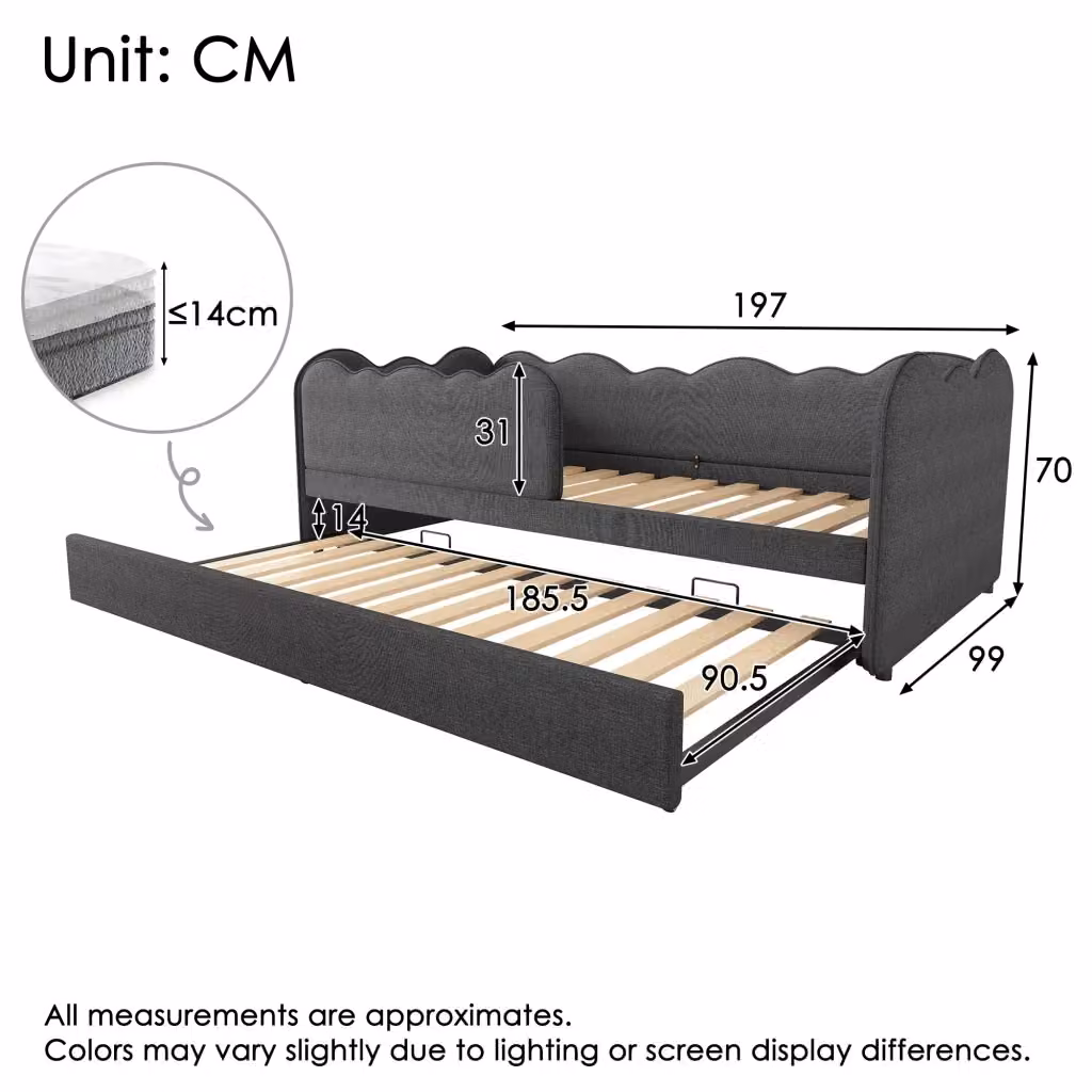 Daybed imbottito moderno con letto estraibile e cassetti per cameretta bambini, lino grigio, L/P: 190 x 90 cm – 2