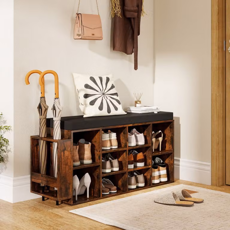 Panca porta scarpe e scarpiera con seduta imbottita e portaombrelli Costway, Marrone