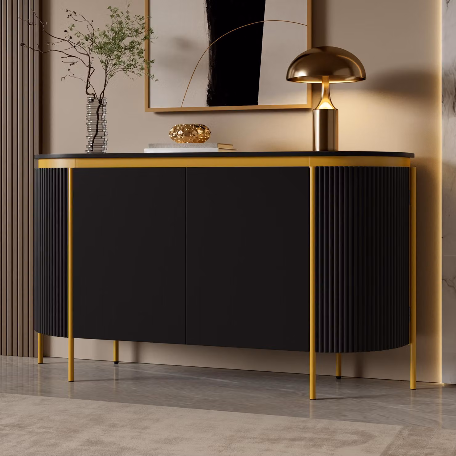 MODFU, mobile bar ovale con 4 ante, mobile contenitore/buffet con frontale sagomato e ripiano interno, mobile per soggiorno con passacavo, colore nero
