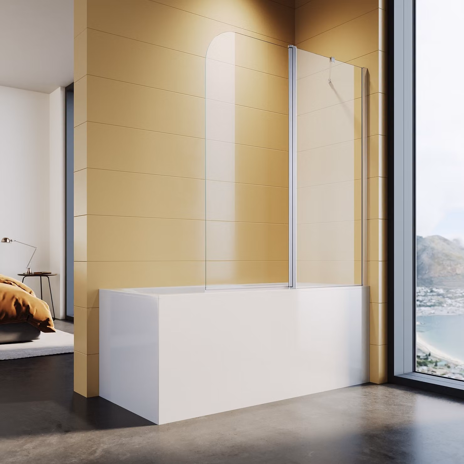 Schermo doccia per vasca SONNI, vetro temperato di sicurezza con nano rivestimento, 120x140 cm, per bagno, pieghevole