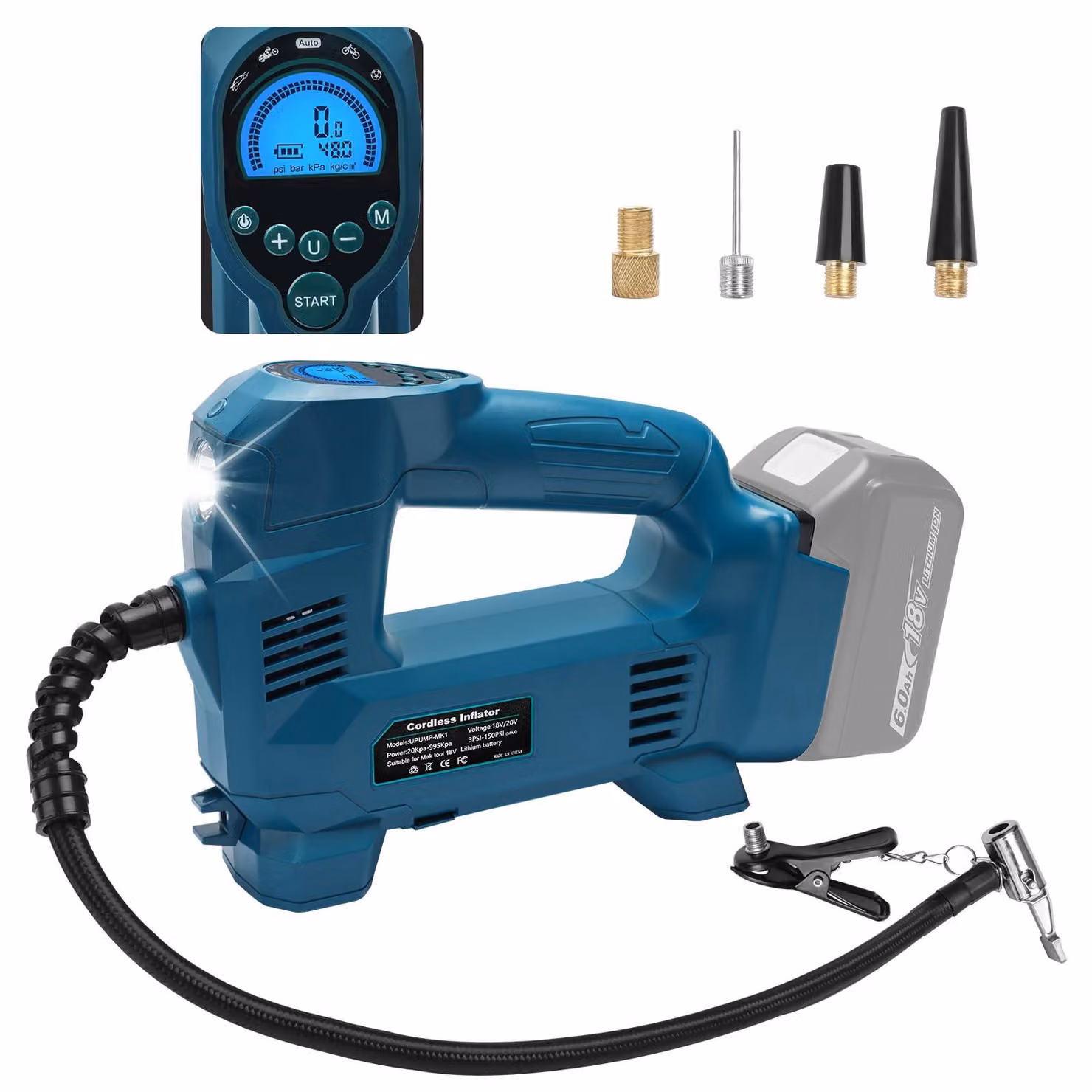 Compressore d'aria a batteria da 18V, multifunzione, con display LCD ad alta leggibilità