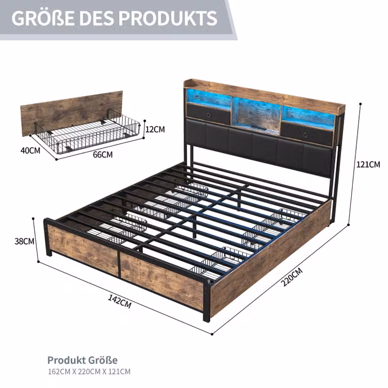 Letto matrimoniale in metallo, dimensioni 140x200 cm, con 4 cassetti, illuminazione a LED, stazione di ricarica, spazio contenitivo nella testiera, colore nero/legno