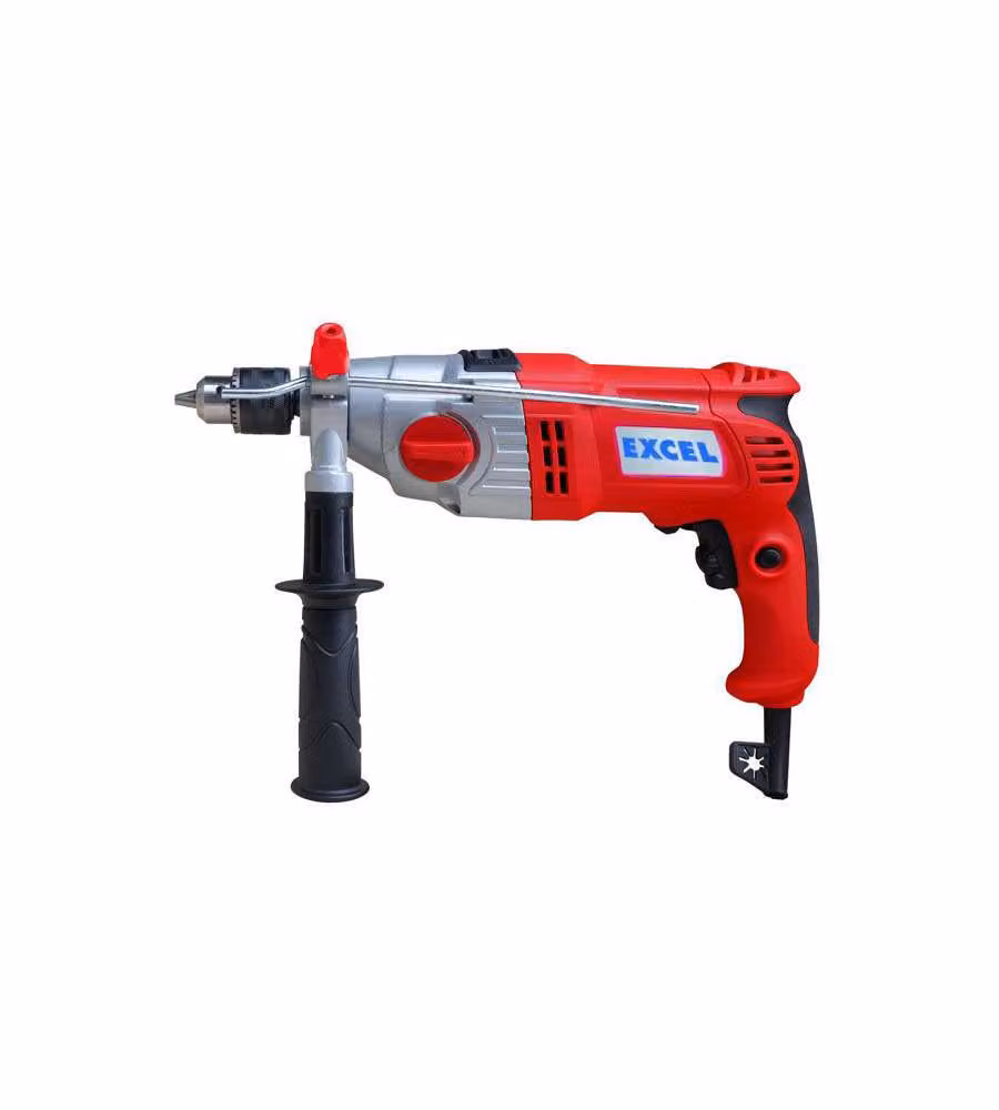 Trapano a percussione Excel TR1050 da 1050W con 2 velocità variabili, mandrino da 13 mm con chiave, 17600-48000 colpi/min, maniglia ausiliaria e profondimetro, colore nero e rosso – 1