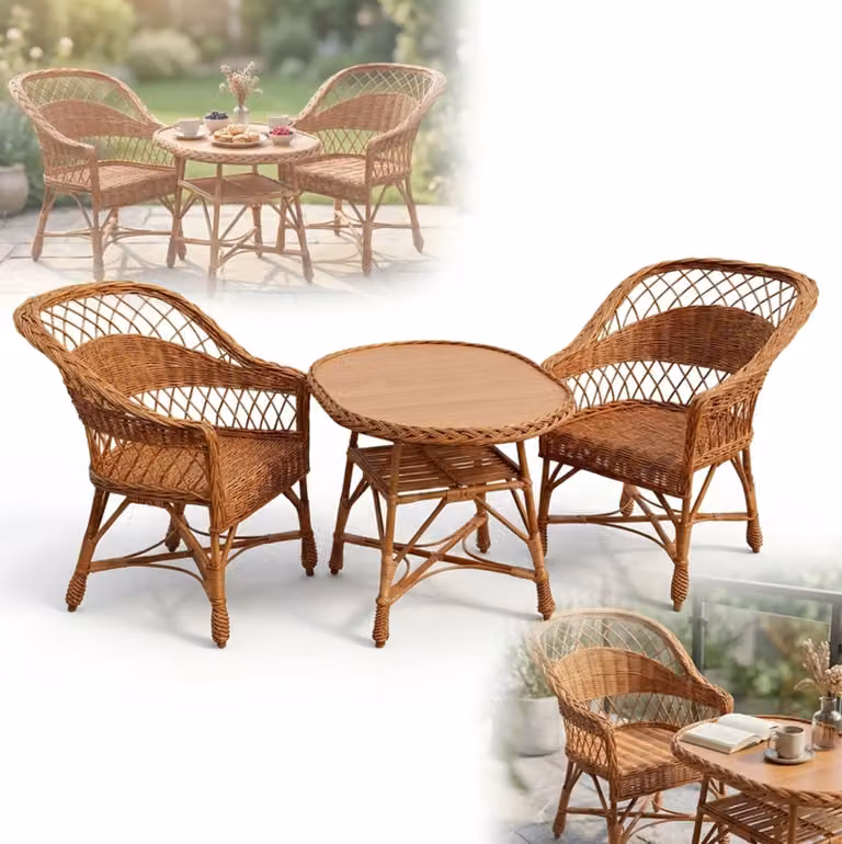 MOBILI IN VIMINI: set composto da 2 poltrone con tavolino ovale in stile boho per giardino e terrazza
