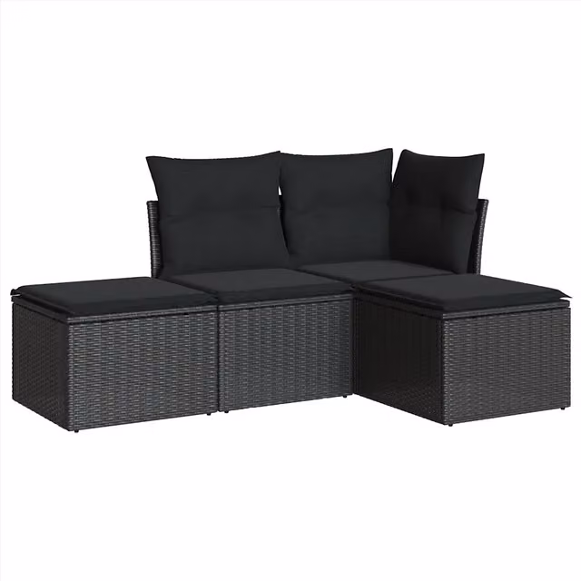 Set Divani da Giardino 4 pz | Set Salotto da Giardino con Cuscini Nero in Polyrattan