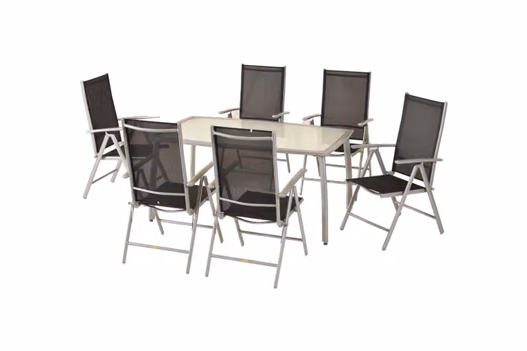 Set di mobili da giardino Merxx Amalfi 7 pezzi, 6 poltrone pieghevoli, tavolo 150 x 90 cm, nero, alluminio/tessuto