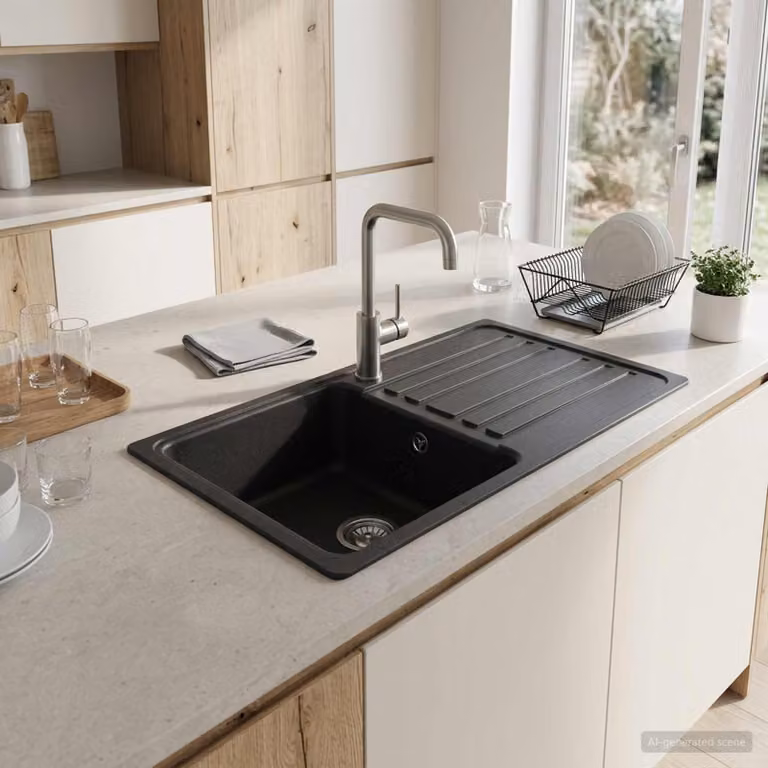 Lavello da cucina con gocciolatoio vidaXL in granito, Grigio e Nero, L: 76,5 cm, P: 46 cm, H: 28 cm