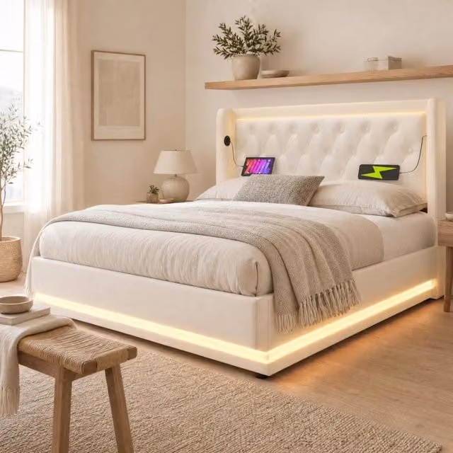 Letto matrimoniale 160x200 cm bianco in PU con contenitore idraulico, LED e USB-C
