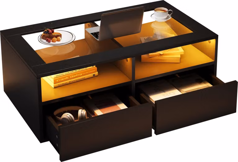 Tavolino con luce LED, tavolino da divano con 2 cassetti, tavolino da salotto in vetro, tavolino da tè con design a doppio strato, spazio di archiviazione aperto, tavolino ausiliario