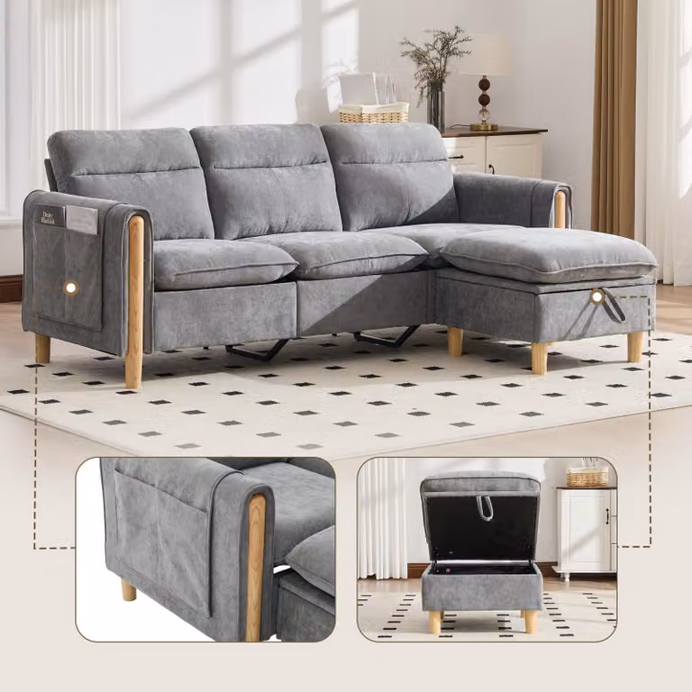 Divano a tre posti in stile nordico, poggiapiedi contenitore, tasche laterali, gambe in legno, forma a L (beige)