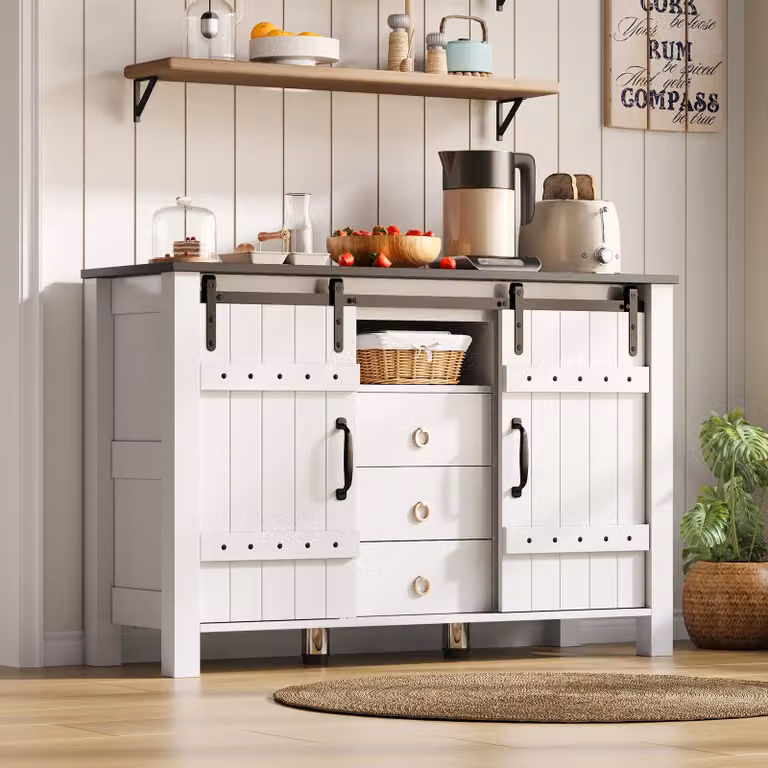 Mobile buffet Merax 120 cm in bianco con ante scorrevoli e 3 cassetti, mobile laterale in MDF, mobile bar rustico per cucina e soggiorno