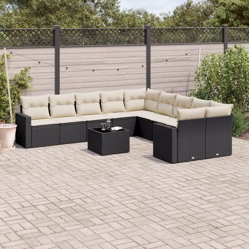 vidaXL Set Divani da Giardino 11 pz in Polyrattan Nero con Cuscini e Tavolino – 1