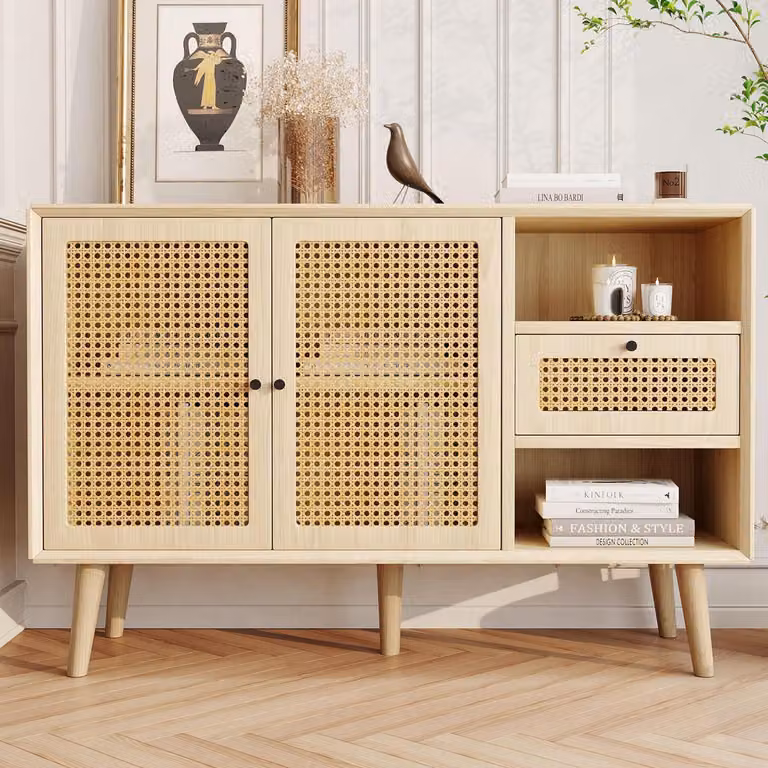 Credenza in rattan con 1 cassetto, 2 ante, dimensioni 120x40x80 cm, realizzata in MDF con gambe in legno massello effetto quercia