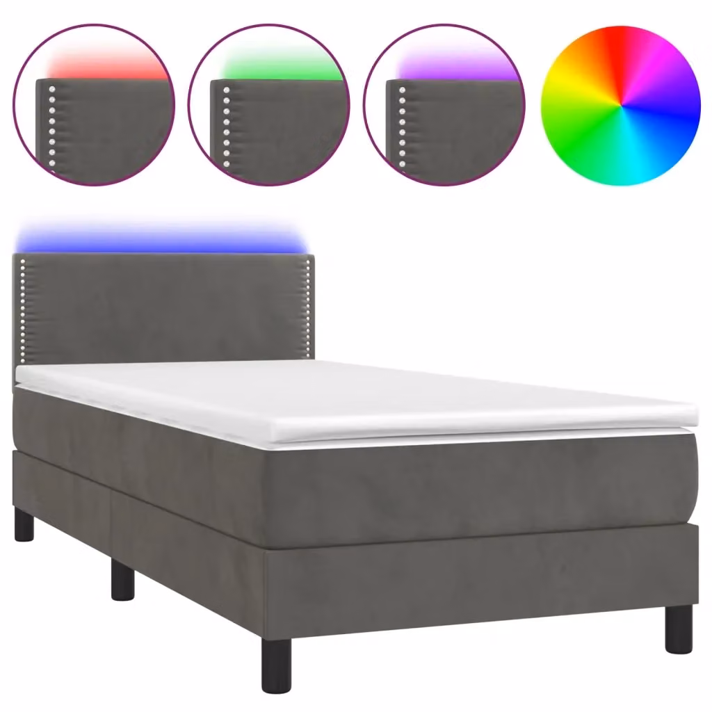 Letto Ibrido con Materasso e Illuminazione LED vidaXL in Velluto Grigio Scuro L: 190 cm, P: 90 cm – 2