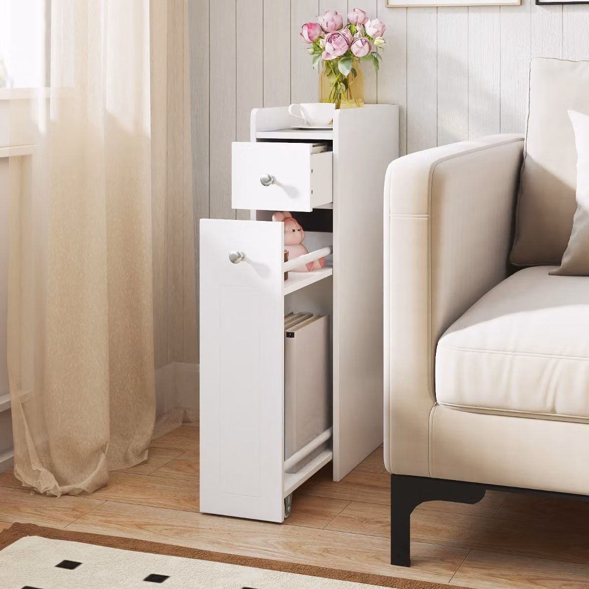 Armadietto da bagno stretto Costway bianco con 4 ripiani e cassetti estraibili