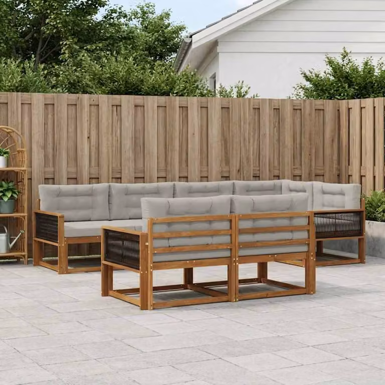 vidaXL Set di divani da esterno a forma di U composto da 8 pezzi in legno di acacia con cuscini, colore marrone e grigio chiaro