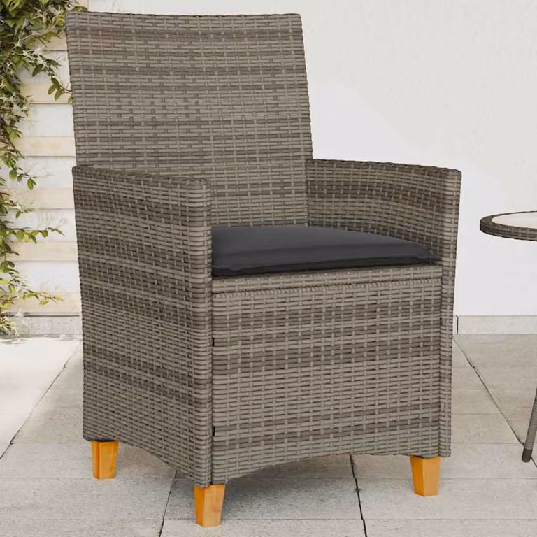 Set di 2 sedie da giardino vidaXL in polyrattan e legno di acacia con cuscini grigi e braccioli