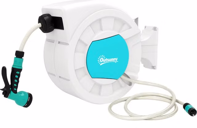 Avvolgitubo da giardino retrattile Outsunny con tubo da 25+2 m e 7 getti per irrigazione, verde e grigio chiaro