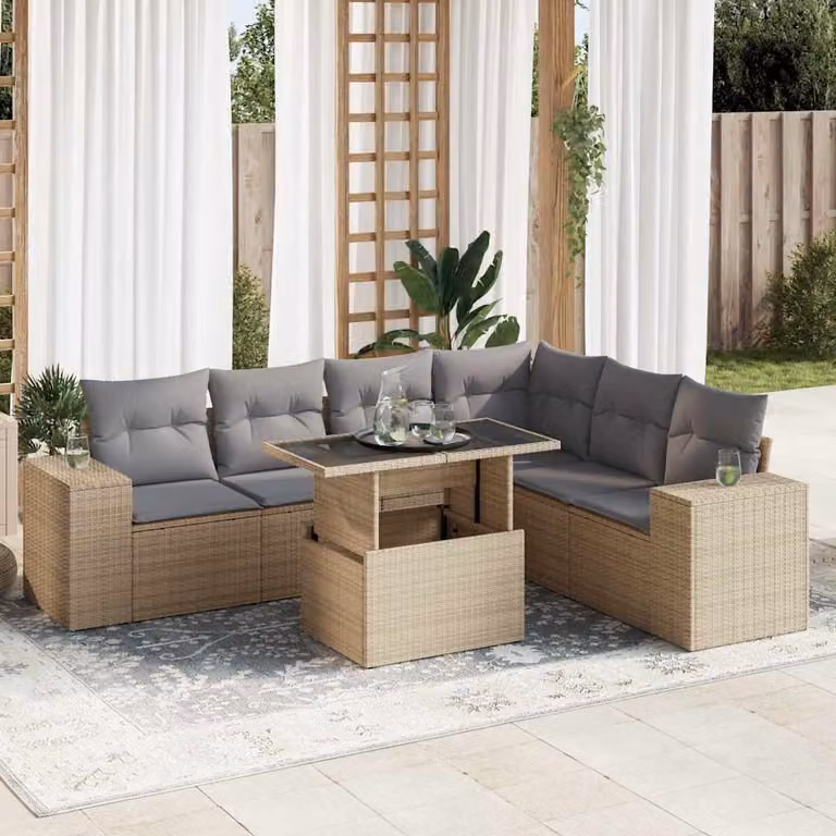Set Divano da Giardino vidaXL 7 pz in Polyrattan Beige con Cuscini e Tavolino da Esterno