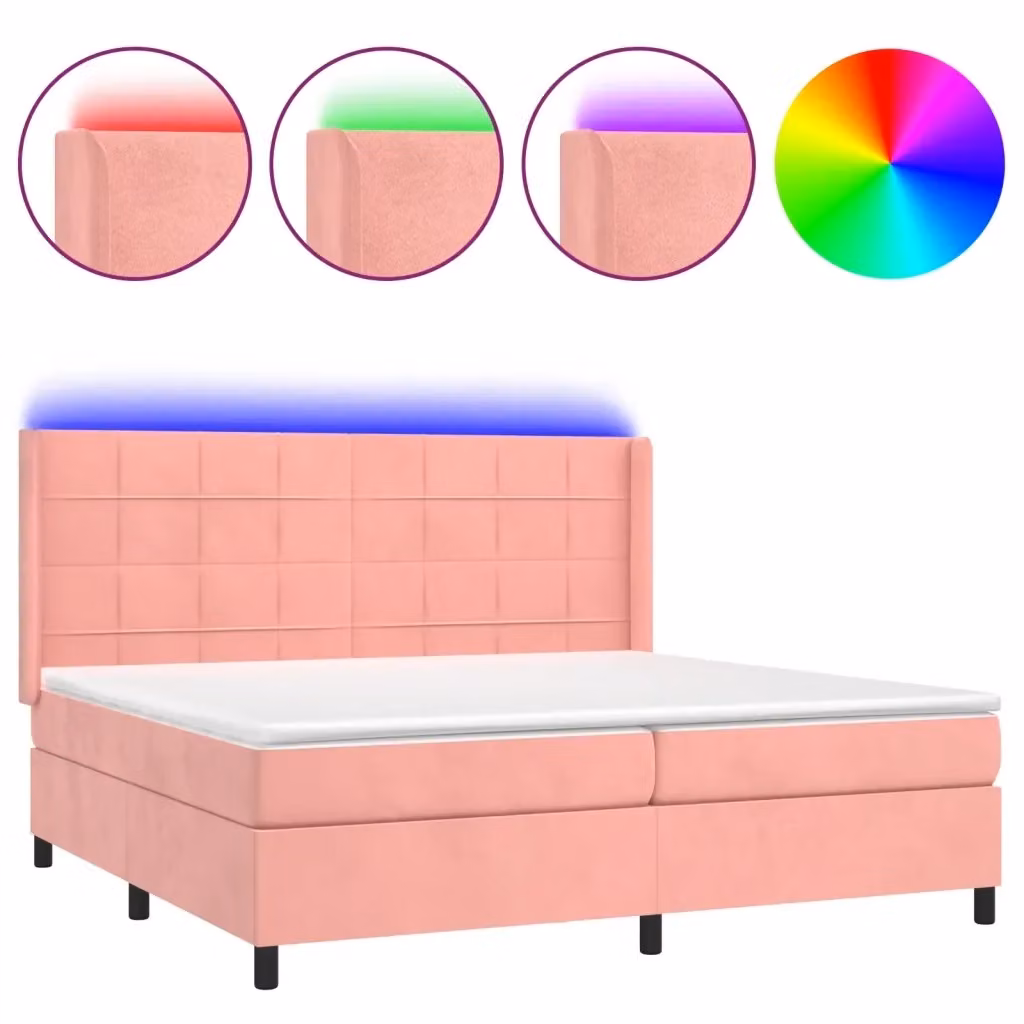 Letto a molle con materasso vidaXL in velluto rosa e bianco con illuminazione LED sottostante e porta USB L/P/H: 200 x 200 x 203 cm – 2