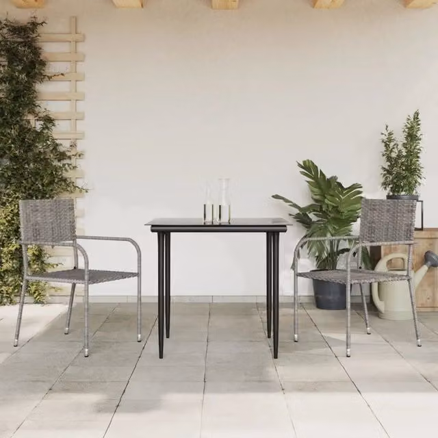 Set da pranzo da giardino VIDAXL in 3 pezzi in polyrattan e metallo con piano in vetro, colori nero e grigio – 1