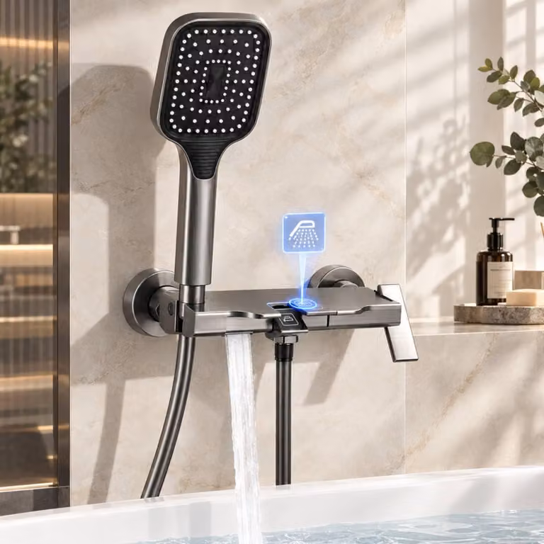 Doccia con soffione manuale, comandi a tasti, realizzata in alluminio, con tubo di 1,5 metri, colore grigio