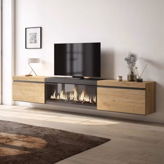 Mobile TV Soggiorno, 267x35x45cm, TV di grande formato, Camino elettrico XXL, da appendere, colore Rovere e nero RF3604
