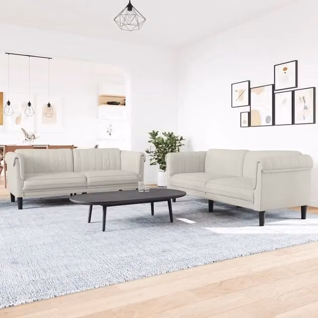 Set di divani vidaXL in velluto beige composto da un divano a 2 posti e un divano a 3 posti con struttura in legno e cuscini inclusi