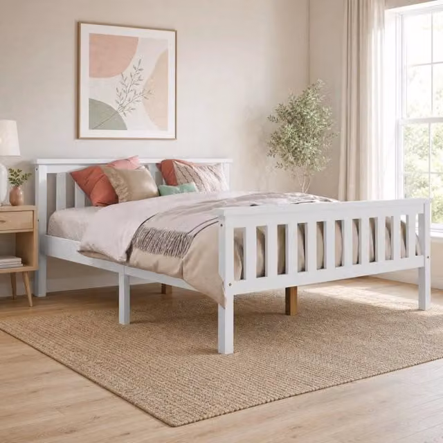 Letto matrimoniale MODFU in legno di pino e MDF bianco L/P/H: 140 x 200 x 82 cm
