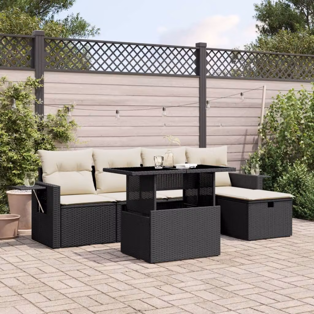 vidaXL Set Divano da Giardino a L 6 pz in Polyrattan Nero con Cuscini e Tavolino da Esterno – 1