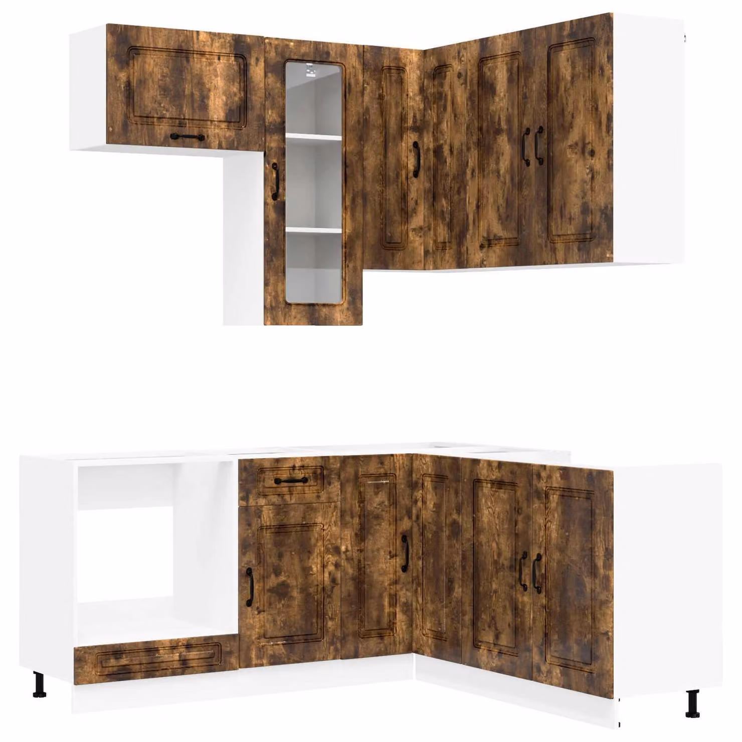 Set da cucina KALMAR, 8 pezzi, realizzato in legno impiallacciato di quercia affumicata