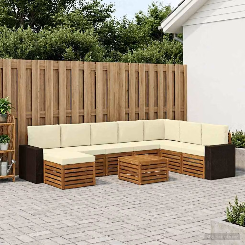 Set di divani da esterno vidaXL 9 pz a forma di U in legno di acacia con cuscini, colore beige, bianco e marrone