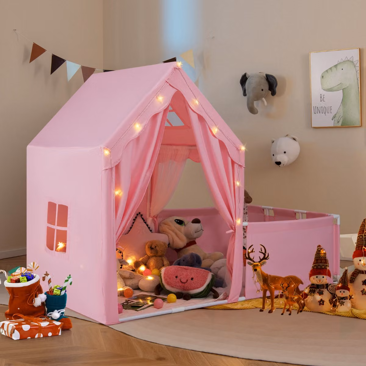 Tenda da gioco per bambini Costway 2 in 1 con recinto, giardino, luci a stelle e tappetino in cotone lavabile Rosa