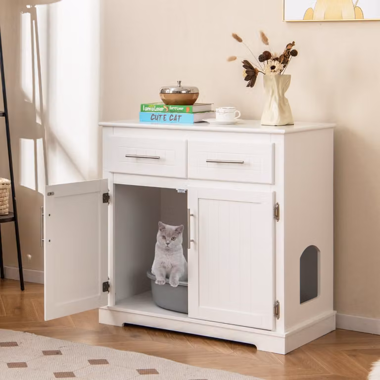 Costway Mobiletto per lettiera per gatti in legno con 2 cassetti, Design moderno, Bianco