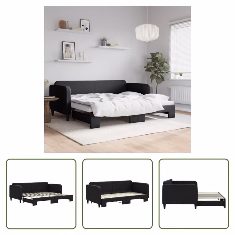 The Living Store letto da giorno allungabile nero 90x200 cm in tessuto