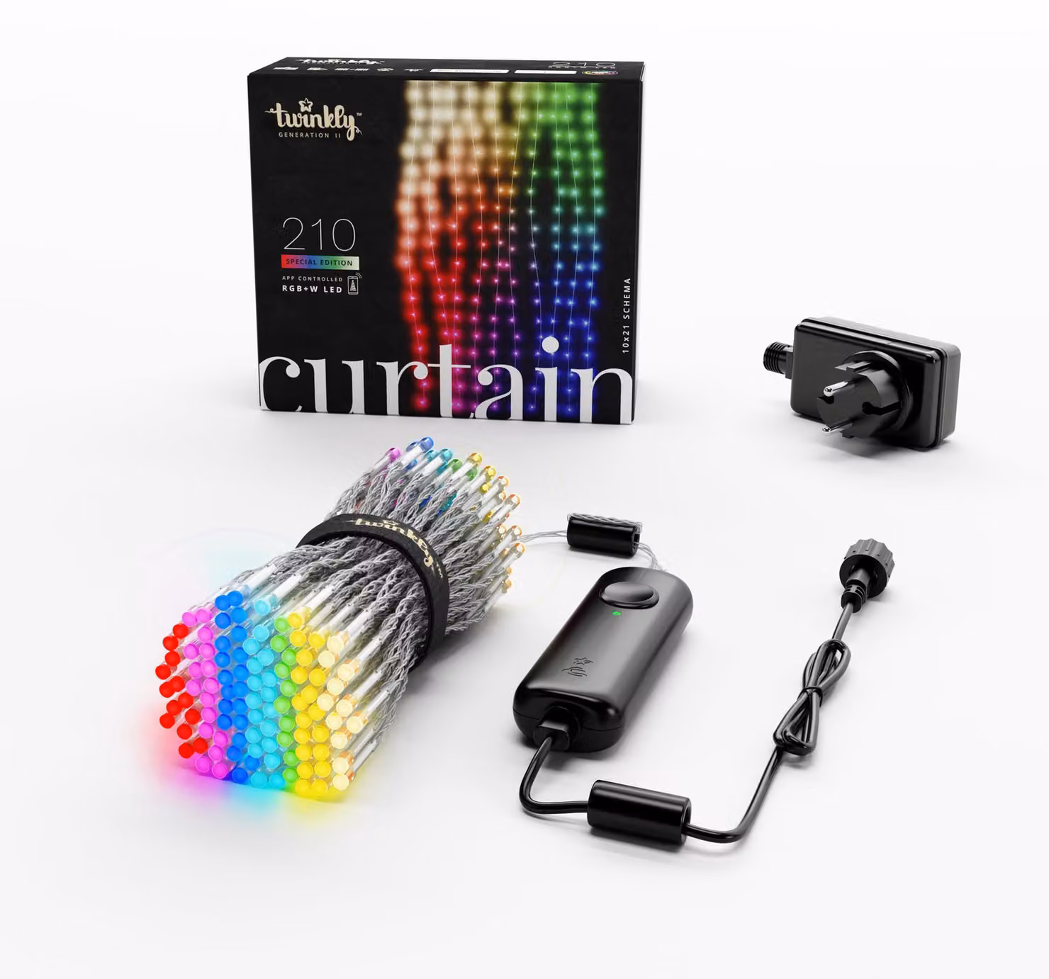 Tenda a LED, 210 LED RGB+bianco, dimensioni 1,5x2,1 m, grado di protezione IP44, controllo tramite app, smart