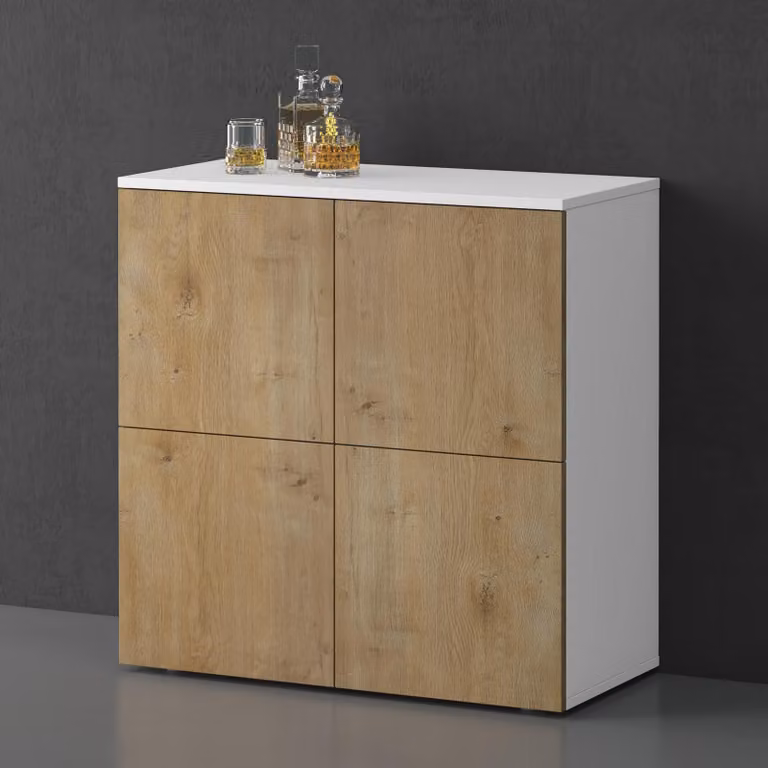 doporro Mobile Organizzatore Credenza Buffet in Legno con 4 Ante Push-to-Open e Soft-Close per Soggiorno, Sala da Pranzo o Ingresso, 76x36,4x76 cm Bianco opaco e Marrone chiaro Schrank04