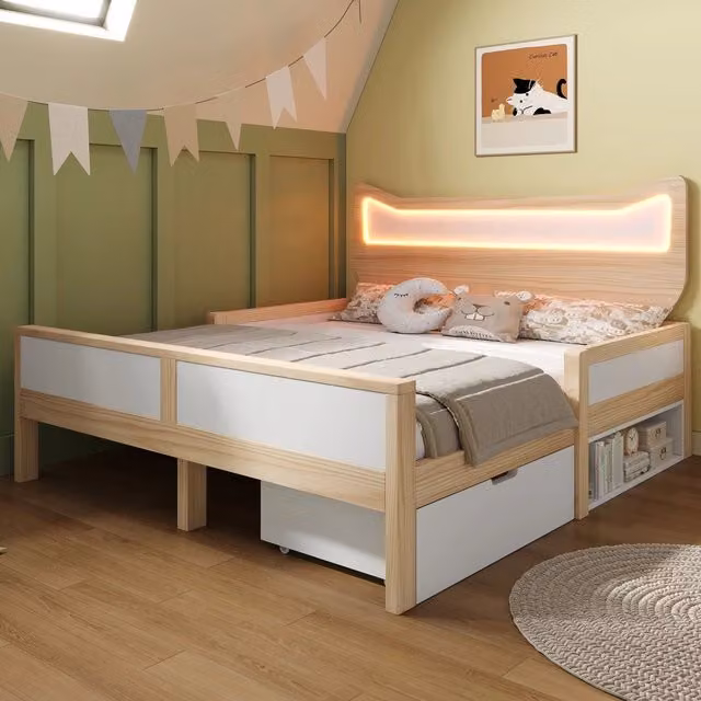 Letto Bambini 140x200 con Testiera Orecchie di Gatto, LED RGB, Cassetto e Rete a Doghe ¨C Xylo ¨C Bianco/Rovere