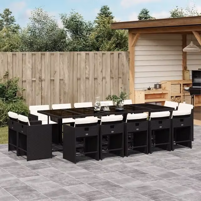 Set da pranzo da giardino vidaXL in polyrattan nero con cuscini e tavolo in vetro per 15 persone