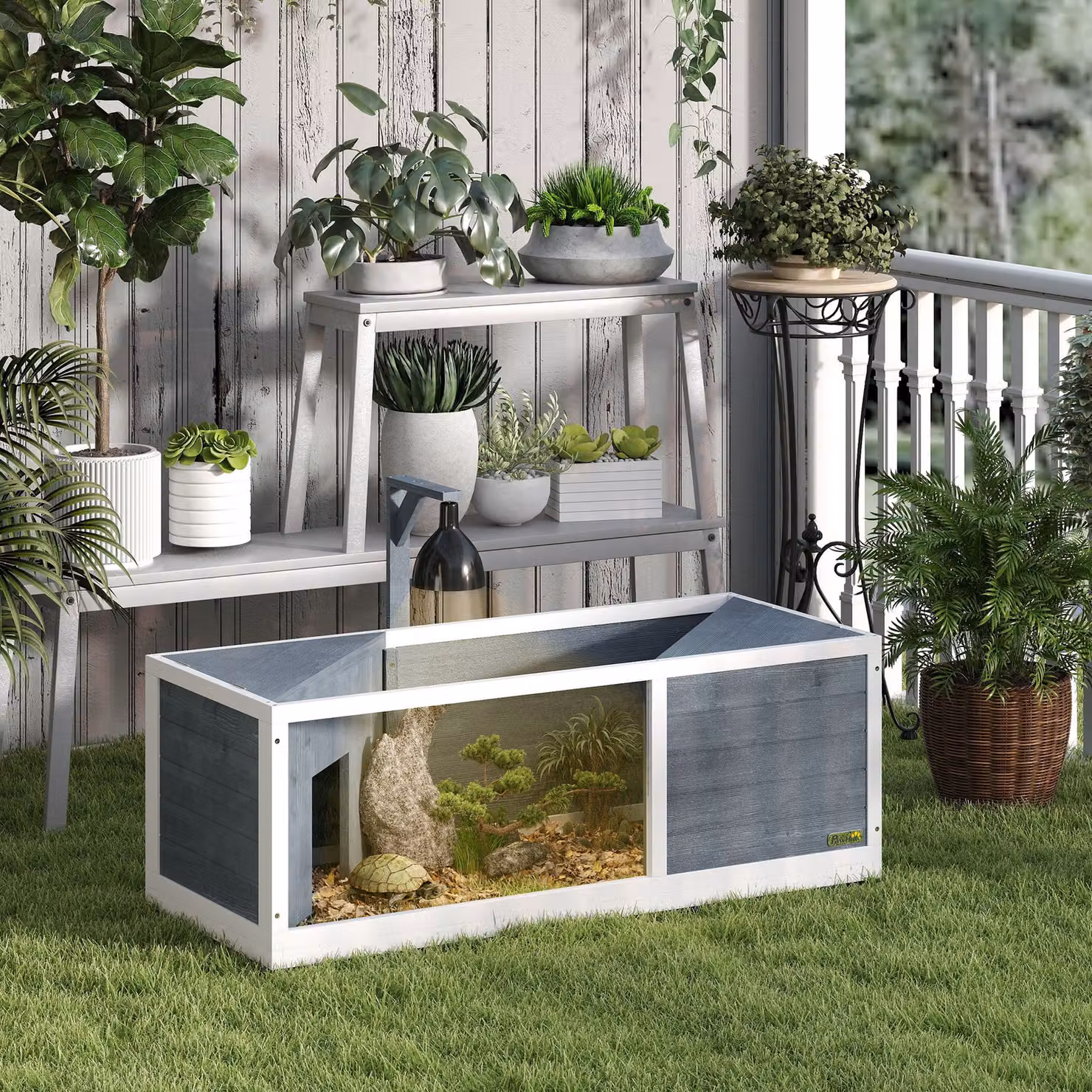 PawHut Casa per Tartarughe e Rettili in Legno di Pino, Grigio, L 120 x P 50 x H 40 cm – 2